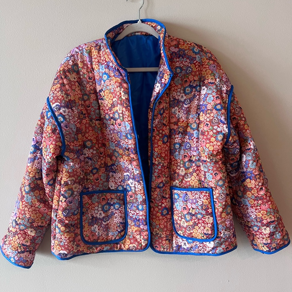 Floral Quilted Jacket with Blue Trim